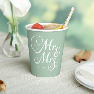 Sage Green Mr. & Mrs. personalized wedding Paper Cups