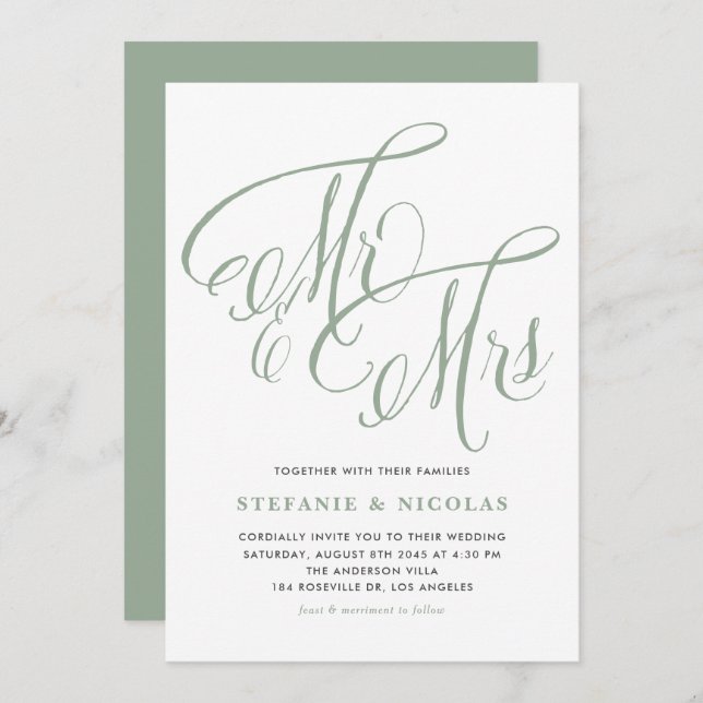 Sage Green Mrs. and Mrs. Rustic Script Wedding Invitation (Front/Back)