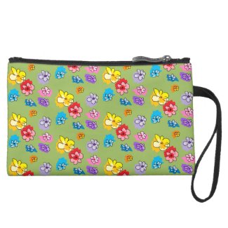 Sage Green Multi Rainbow Mini Scatter Flowers Suede Wristlet Wallet