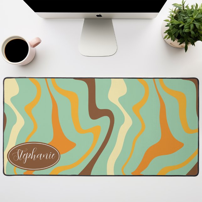 Sage Green, Mustard, And Brown Retro Groovy Waves Desk Mat (Creator Uploaded)