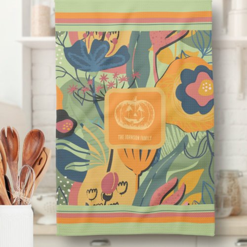 Sage Green Mustard Fall Floral Pumpkin Kitchen Towel