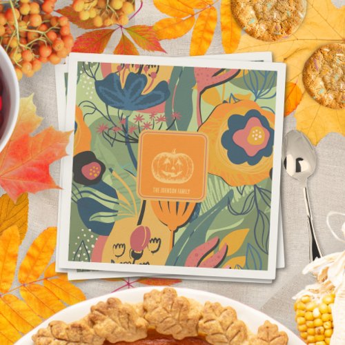 Sage Green Mustard Fall Floral Pumpkin Napkins