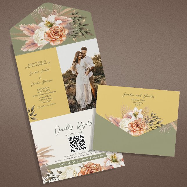 Sage Green Mustard Photo QR Wedding All In One Invitation (Creator Uploaded)