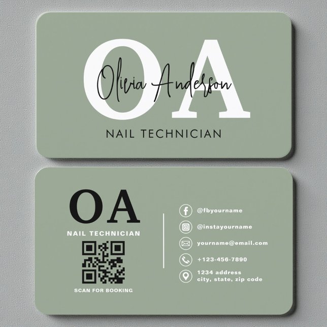 Sage Green Nail Artist QR Code Business Card (Creator Uploaded)