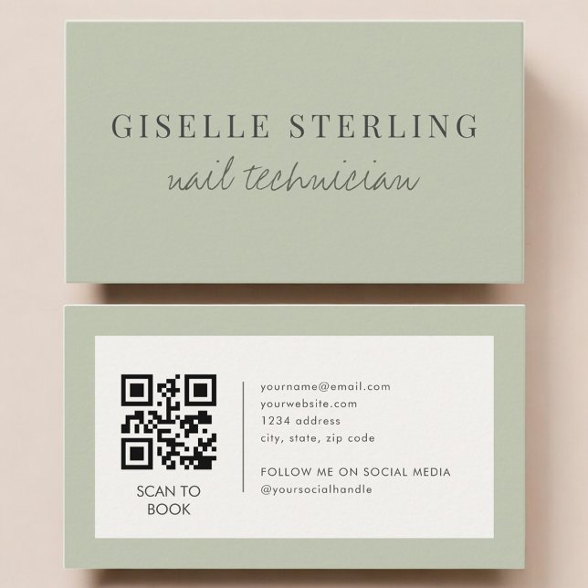 Sage Green Nail Technician QR Code Business Card (Creator Uploaded)