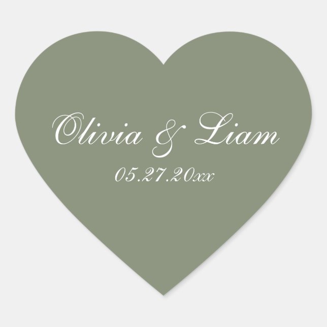 Sage Green Name Date Elegant Wedding Heart Sticker (Front)