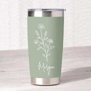 Sage Green Name Floral Bachelorette Bridal Insulated Tumbler