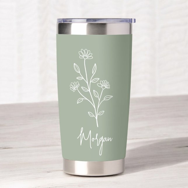 Sage Green Name Floral Bachelorette Bridal  Insulated Tumbler (Creator Uploaded)