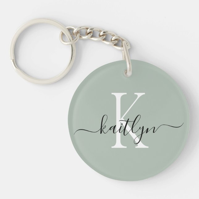 Sage Green Name Initial Monogram Keychain (Front)