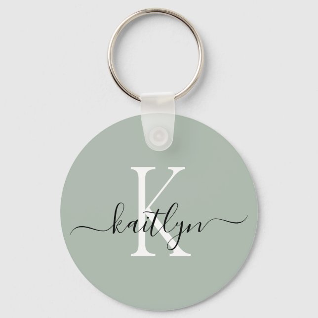 Sage Green Name Initial Monogram Keychain (Front)