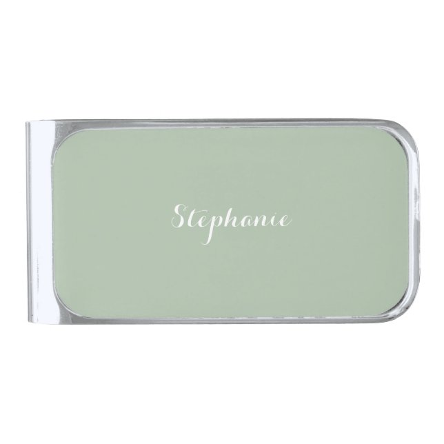 Sage Green Name Modern Elegant Monogram Boho Silver Finish Money Clip (Front)