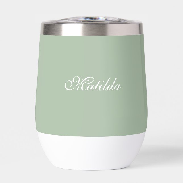 Sage Green Name Modern Elegant Monogram Boho Thermal Wine Tumbler (Front)