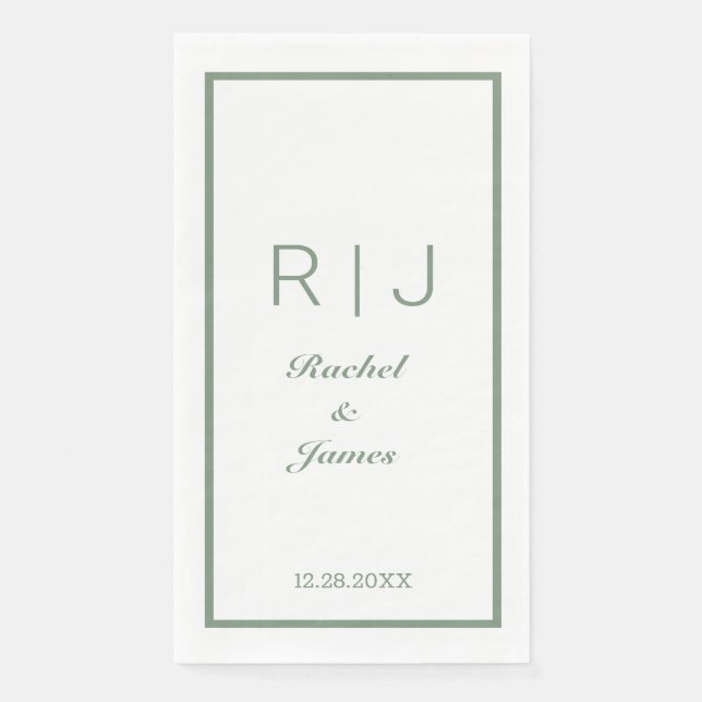 Sage Green Name Monogram Elegant Minimal Wedding Paper Guest Towels (Front)