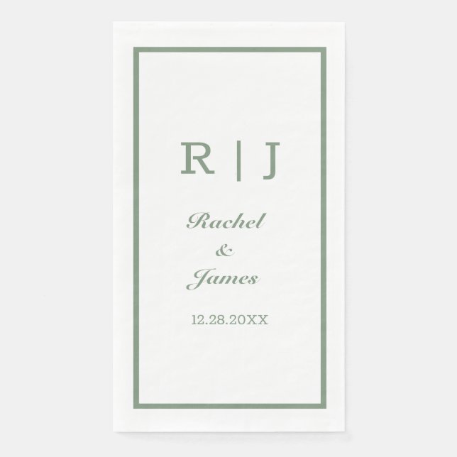 Sage Green Name Monogram Minimal Elegant Wedding Paper Guest Towels (Front)