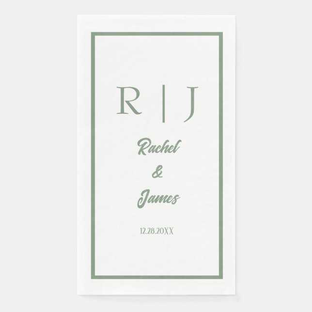 Sage Green Name Monogram Minimal Elegant Wedding Paper Guest Towels (Front)