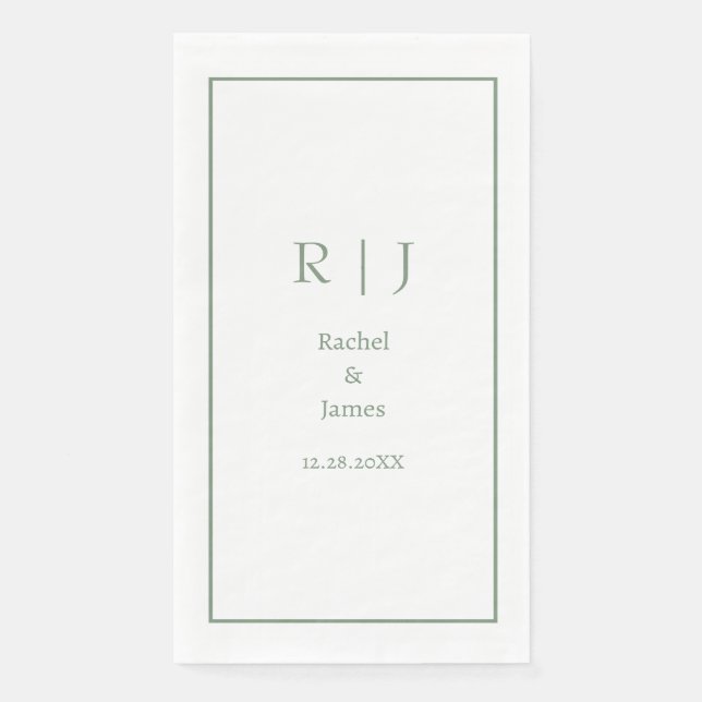 Sage Green Name Monogram Minimal Elegant Wedding Paper Guest Towels (Front)