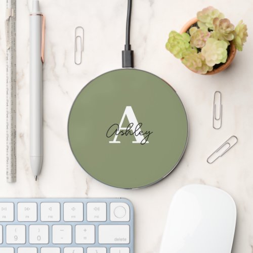 Sage Green Name Monogram Minimalist Wireless Charger