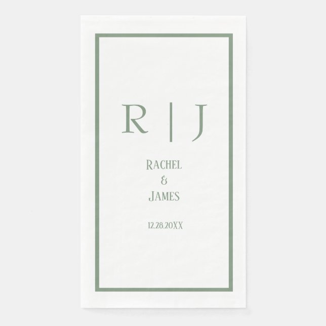 Sage Green Name Monogram Simple Elegant Wedding Paper Guest Towels (Front)
