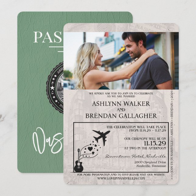 Sage Green Nashville Passport Wedding Invitation (Front/Back)