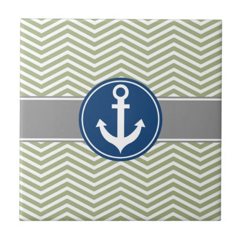 Sage Green Nautical Anchor Chevron Tile