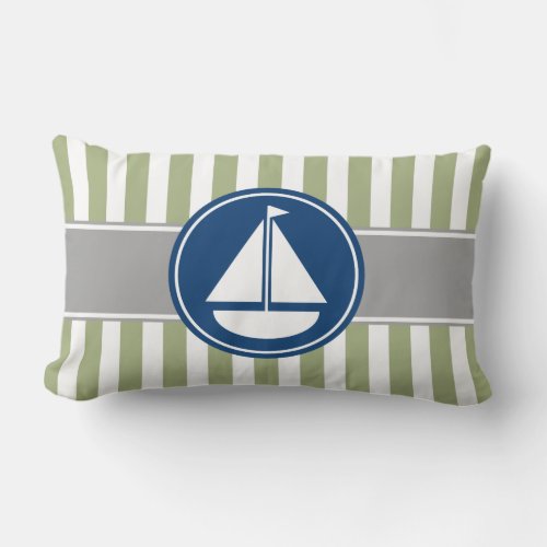 Sage Green Nautical Sailboat Stripes Lumbar Pillow