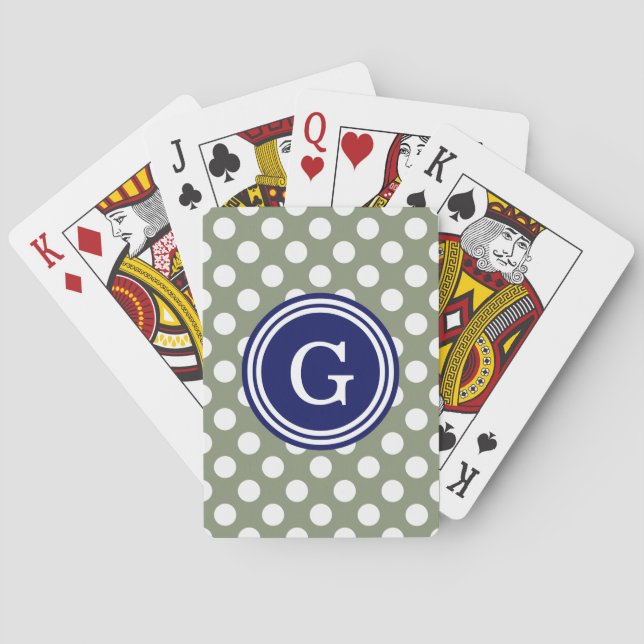 Sage Green Navy Blue White Polka Dots 1IR Poker Cards (Back)