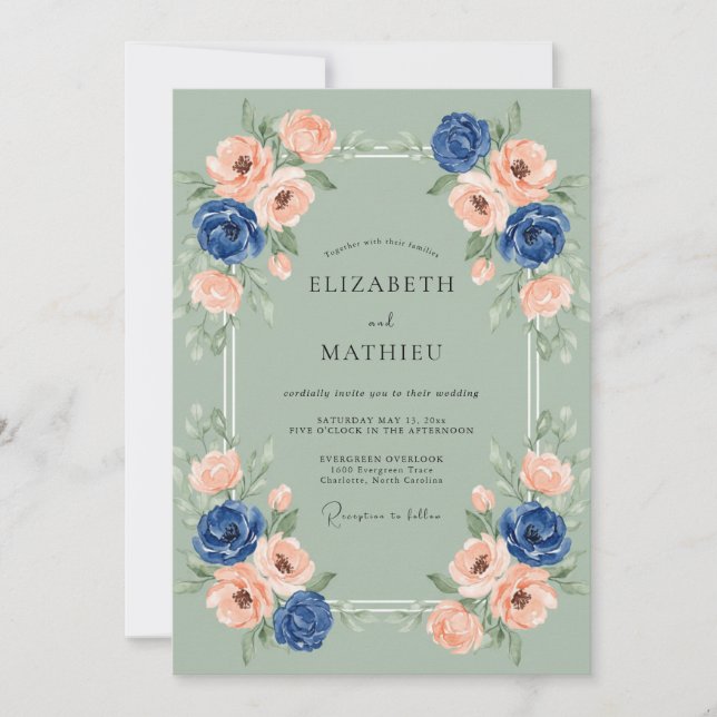 Sage Green Navy Graceful Spring Wedding Invitation (Front)