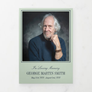 Sage Green & Navy In Loving Memory Photo Funeral Tri-Fold Program