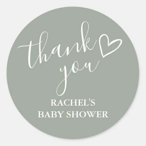Sage Green Neutral Baby Shower Script Thank You Classic Round Sticker