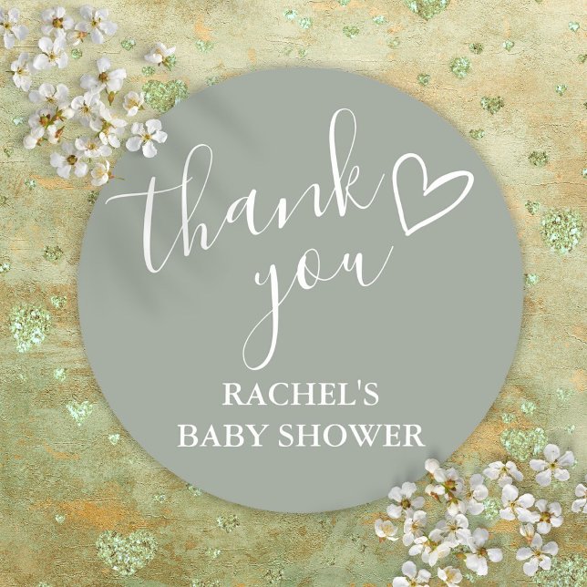 Sage Green Neutral Baby Shower Script Thank You Classic Round Sticker (Sage Green Neutral Baby Shower Script Thank You Classic Round Sticker)