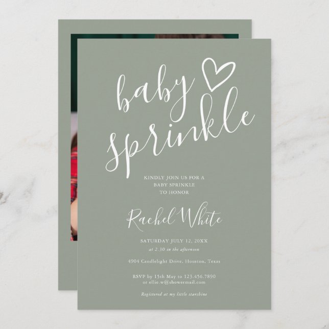 Sage Green Neutral Baby Sprinkle Shower Photo Invitation (Front/Back)