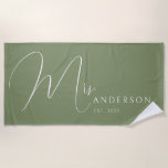 Sage Green Newlyweds Name Personalized Honeymoon Beach Towel<br><div class="desc">Celebrate your love in style with this personalized beach towel for adults, featuring the newlyweds' names in an elegant, modern design. Perfect for a honeymoon beach trip, anniversary getaway, or romantic vacation, this soft and vibrant towel is a must-have for couples who love to travel together. Designed with a sage...</div>
