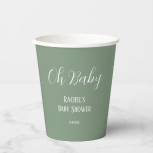 Sage Green Oh Baby Script Cute Modern Baby Shower Paper Cups