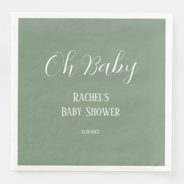 Sage Green Oh Baby Script Cute Modern Baby Shower Paper Dinner Napkins (Front)