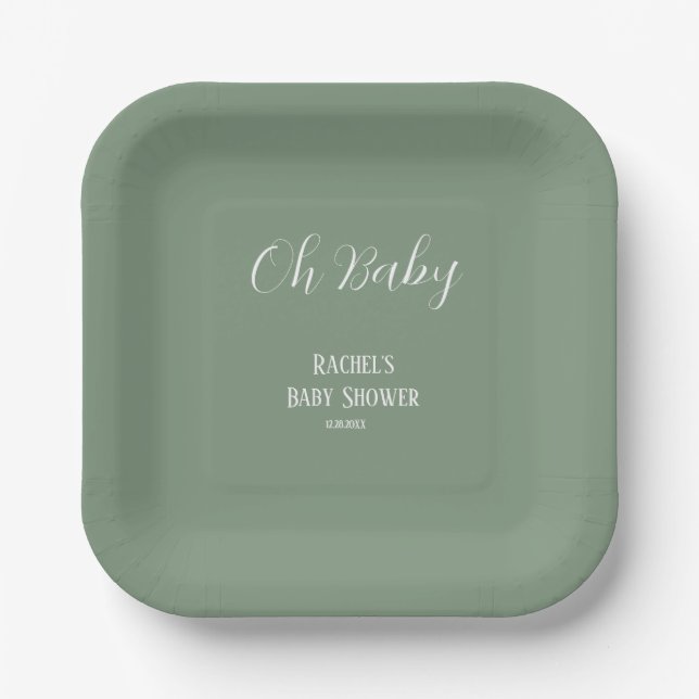 Sage Green Oh Baby Script Cute Modern Baby Shower Paper Plates (Front)