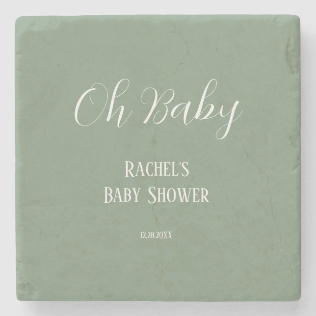 Sage Green Oh Baby Script Cute Modern Baby Shower Stone Coaster (Front)