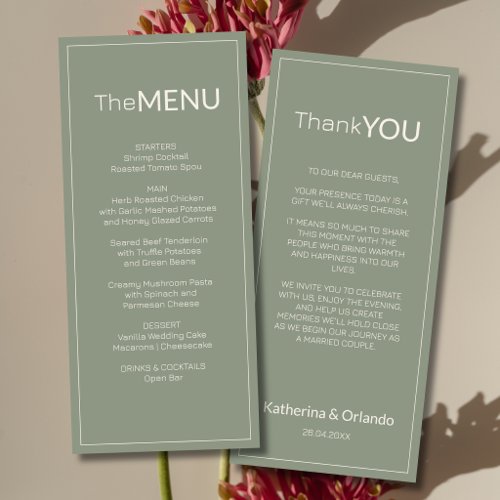 Sage Green Old Money Wedding Menu Thank You Note