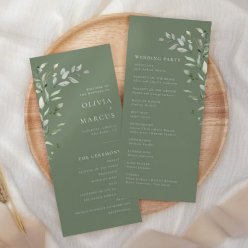 Sage Green Olive Botanical Elegant Wedding Program