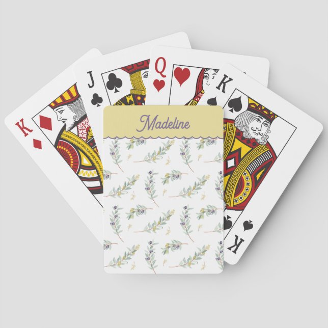 Sage Green Olive Branch Custom Name Poker Cards (Back)
