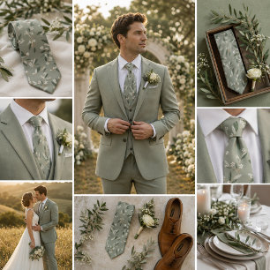 Sage Green Olive Branch & Ivory Floral  Neck Tie