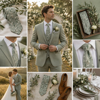Sage Green Olive Branch & Ivory Floral Neck Tie
