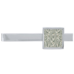 Sage Green Olive Branch & Ivory Floral Silver Finish Tie Bar