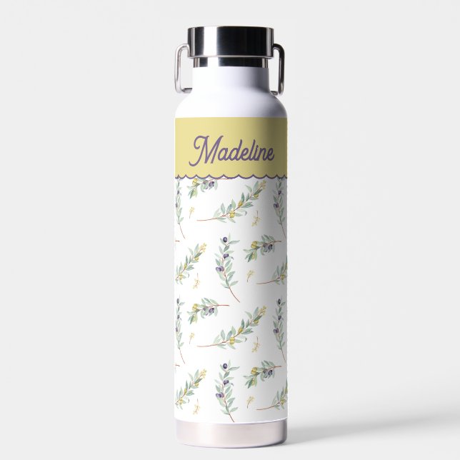 Sage Green Olive Branch Monogram Name Water Bottle (Front)