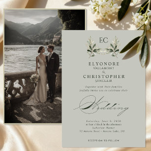 Sage Green Olive Branch Monogram Photo Wedding Invitation