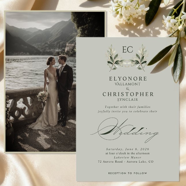 Sage Green Olive Branch Monogram Photo Wedding Invitation (Creator Uploaded)