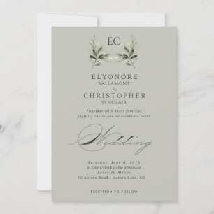 Sage Green Olive Branch Monogram Photo Wedding Invitation