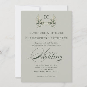 Sage Green Olive Branch Monogram Photo Wedding Invitation