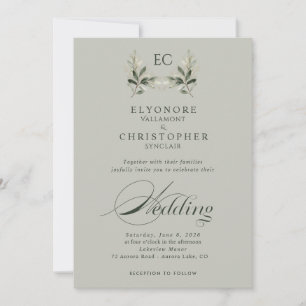 Sage Green Olive Branch Monogram Photo Wedding Invitation