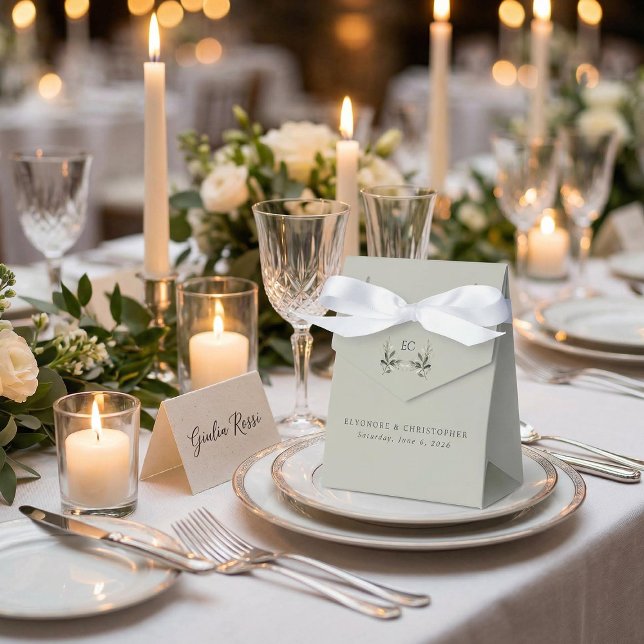 Sage Green Olive Branch Monogram Wedding Favor Boxes (Creator Uploaded)