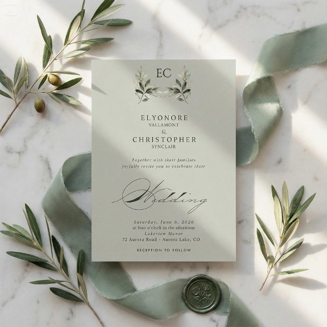Sage Green Olive Branch Monogram Wedding Invitation (Creator Uploaded)